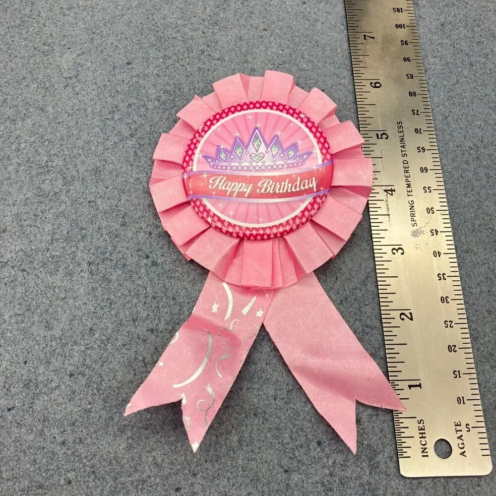 Pink Happy Birthday Award Ribbon 6 In Purple Crown Princess Badge Girls Womens